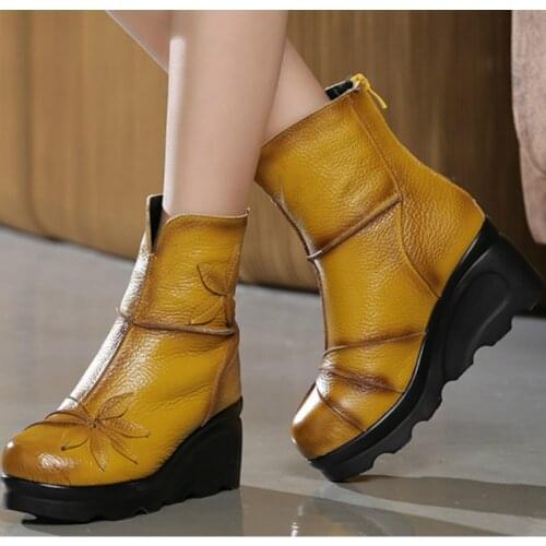 YLQP Platform Boots Women Handmade Genuine Leather Ankle Boots Ladies Shoes Soft Retro Wedges Shoes for Women 2020