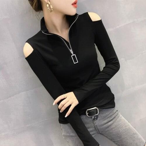 Women T-shirt Long-Sleeve 2021 New Arrival Spring And Autumn Leakage Shoulder Zipper Slim Female T-shirt Western Style c76