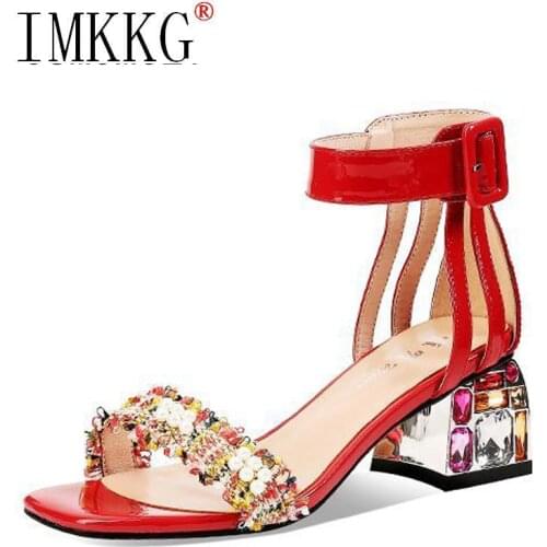 2021 Women Summer High Heels Shoes Crystal Peep Toe Square Heels Buckle Strap Sandals Black Zapatos Mujer