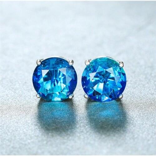Female Luxury 6/7/8mm Round Stone Blue Earrings 100% Real 925 Sterling Silver Earrings For Women Men Wedding Small Stud Earrings