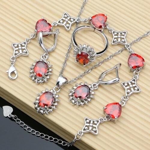 Women Silver 925 Earrings Jewelry Sets Shiny Garnet Stone Fashion Wedding Jewelry Party Bracelet Necklace Sets 7 Colors