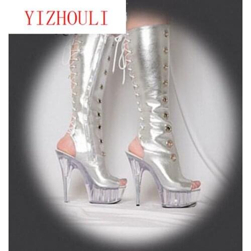 15cm Fashion knight female platform ladies high heel knee high boots woman open toe shoes pu strappy boots clubbing high heels