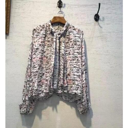 Woman colorful PRINT Viscose Top Oversize V-neck with Ties Long Sleeves Fashion Blouse Pleats