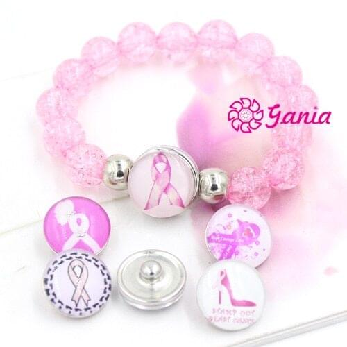 1PC Bracelet 6PCS of Button DIY Breast Cancer Awareness Bracelet Pink Ribbon Breast Cancer 18mm Button Bracelet For snap jewelry