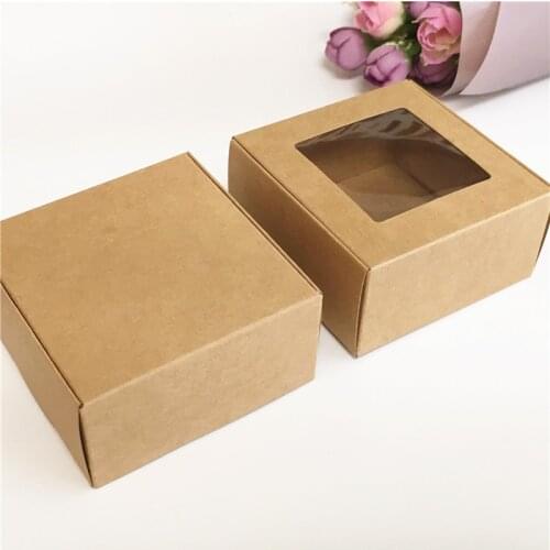 50Pcs 8x8x4cm Kraft Paper Gift Box, Cardboard Handmade Soap Box,Transparent PVC Windows Gift Packaging Boxes Jewelry Box