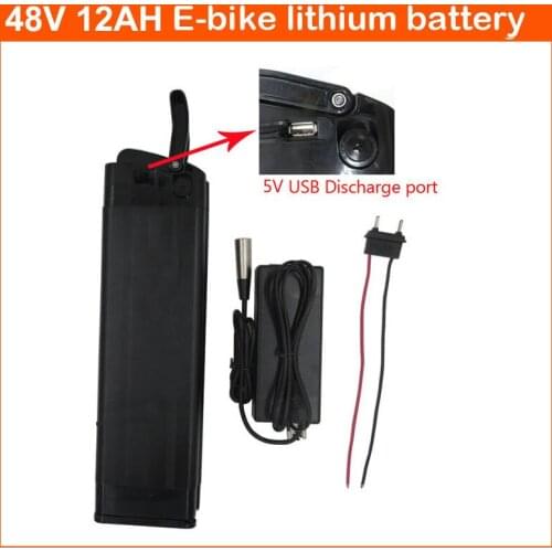 750W 48V lithium Silver fish battery Pack 48V 12AH Electric Bike batterie with USB port 54.6V 2A charger Bottom Discharge
