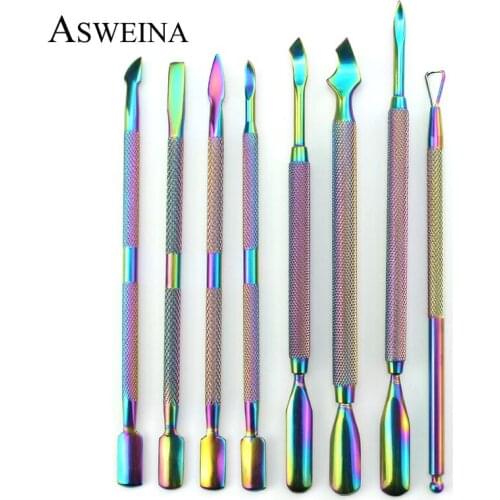 8 Type Stainless Steel Nail Cuticle Pusher Double Head Rainbow Nail Push Art Dead Dkin Remover Manicure Pedicure Art Tools