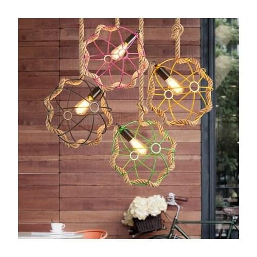 American Country Style Loft Industrial Wrought Iron Cage Hemp Rope Pendant Light with E27 Edison Bulb for Garden Restaurant Club