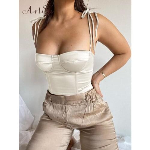ArtSu Lace Up Sleeveless Y2K Elegant Womens Crop Top Summer Party Corset Tank Top Female Hollow Out Sexy Bandage Satin Tops