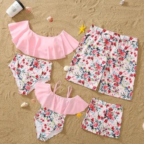 Family Matching Bikini Ruffle Summer Baby Girl Boy Children Swimsuit 2021 New Kids Swimwear Swimming Trunks Boy Man Beach Shorts