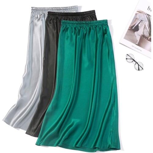 Birdsky, 2021 Summer 1pc 100% natural mulberry silk satin Women office lady skirts skirt, H style solid black colors. S-166