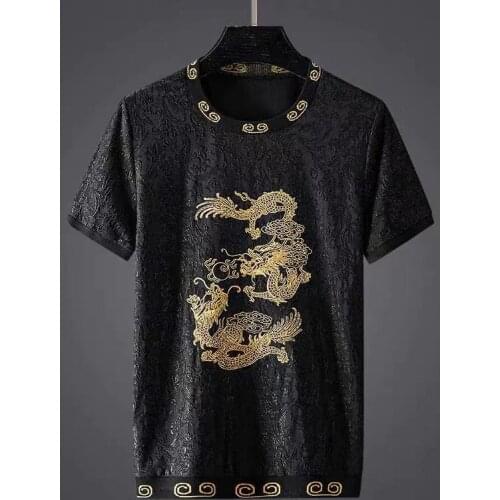 Chinese wind dark jacquard dragon tattoo take short sleeve T-shirt men round collar loose big yards han edition black clothes
