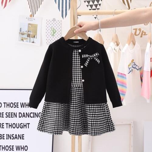 2Pcs Autumn Winter Kids Clothes Set Knitting Sweater Coat and Dress Birthday Party Uniform Classic Casual Suits1-7 Ys
