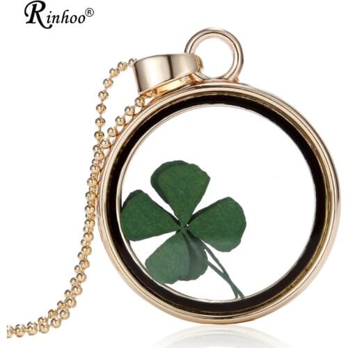 Handmade Natural Real Dried Flower Lucky Four Leaf Clover Resin Round Glass 35MM Locket Pendant Necklace For Women Jewelry