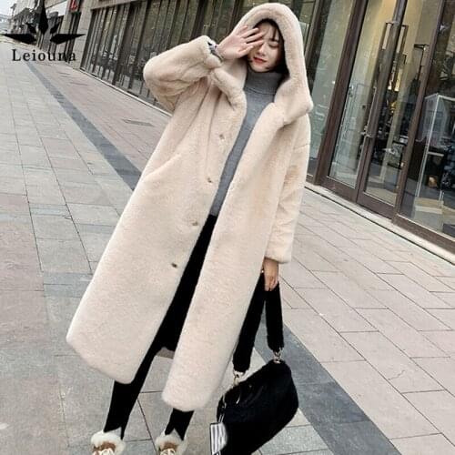 Leiouna Women Thick High Quality Faux Rabbit Luxury Fur Coat Plus Size Loose Lapel X Long Winter Warm High Street Fur OverCoat