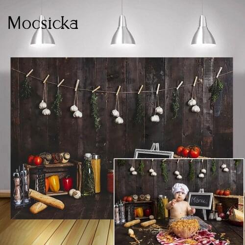 Menu kitchen Newborn Little Chef Birthday Portrait Backdrop Photo Studio Cook Birthday Cake Smash Background Wooden Bread Tomato