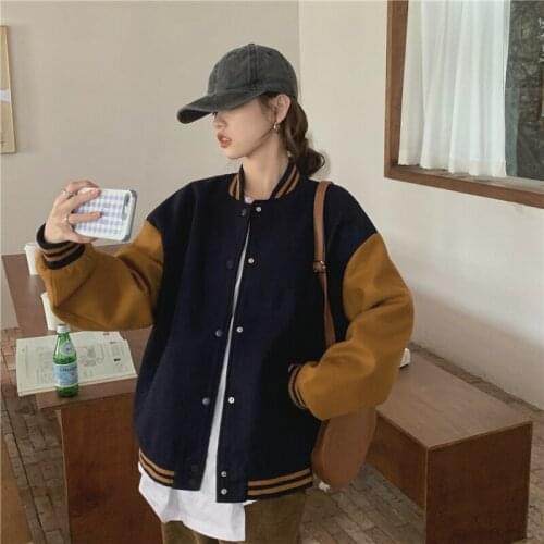 Colorblock Baseball Uniform Jackets Women Autumn Stand-up Collar Woolen Jacket 2021 New Loose Long-sleeved Coats Oversize Female