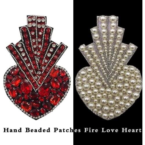 Fashion Beads Embroidered Love Heart Shape Patches for Clothes Sew on Rhinestones Parches Fire Heart Appliques Decoration Badges