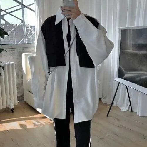 2021 Mens Splicing Fabric Long Sleeve Shirts Fashion Brand Loose Couple Versatile Shirt Black/white Color Coats Clothes M-2XL