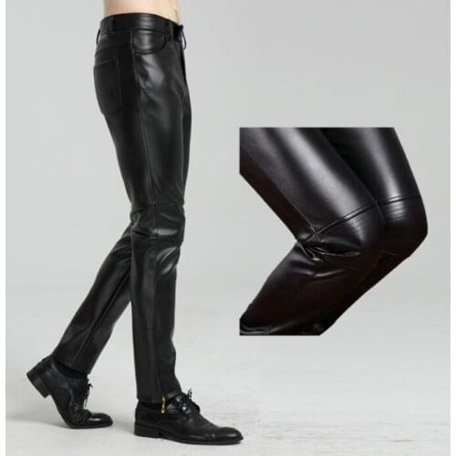 Black Plus velvet fashion motorcycle faux leather pants mens feet pants pu trousers for men pantalon homme balck autumn winter
