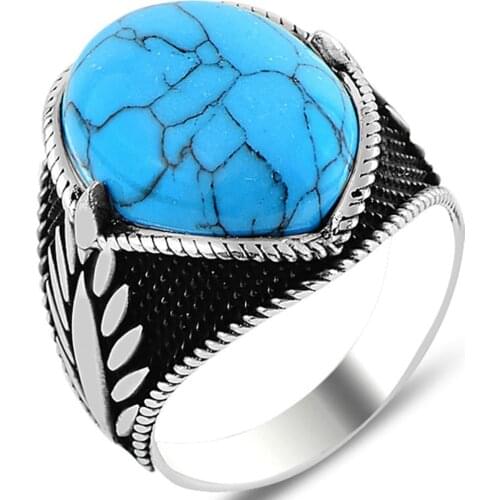 Solid 925 Sterling Silver Turkish Handmade Cabochon Turquoise Stone Mens Ring