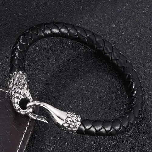 Black/Brown Leather Woven Bracelet Men Personality Stainless Steel Easy-Hook Braided Bracelets 2019 Male Wrist Band Gifts ST0386