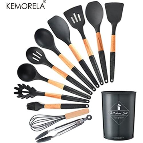 9/10/11/12pcs Cooking Tools Set Silicone+Wooden Handle Kitchen Cooking Utensils Set with Storage Box Turner Spatula Soup Spoon
