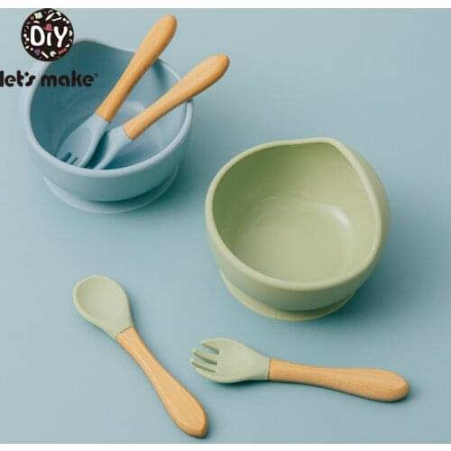 LetS Make 3PCS/Set Baby Feeding Tableware Set Silicone Bowl Spoon Fork Non-Slip Bowl Soft Suction Fixing For Children Gift Baby
