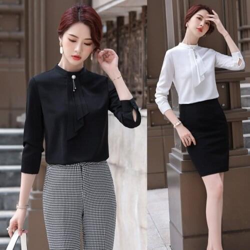 New 2020 Women Blouses & Shirts Office Ladies 2 Piece Pant and Tops Sets Long Sleeve White Black Pantsuits