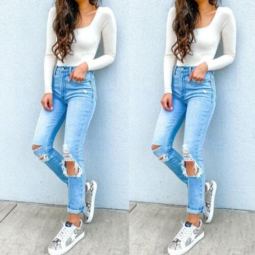 2021 new ladies jeans personality worn out and thin street straight-leg pants high-waisted white washed jeans women