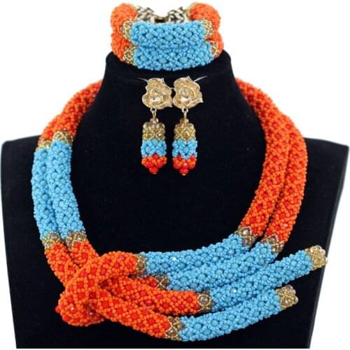 New Crystal Statement Necklace Earrings Set Amazing New Blue Orange African Costume Jewelry Set for Women Free shipping ABH518