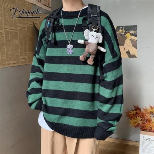 FOJAGANTO Autumn Mens Fashion Sweater Korean Striped O-Neck Knit Pullover Couple Hip Hop Street Trend Loose Casual Sweater Male