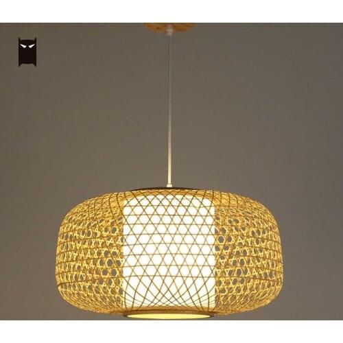 Natural Black Bamboo Wicker Rattan Lantern Pendant Light Fixture Farmhouse Asian Hanging Ceiling Lamp for Restaurant Dining Room