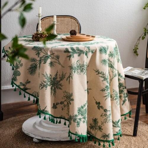 150cm Diameter Round Tablecloth Green Leaves Printed Table Cloth with Tassel Bells Pattern Tablecloth for Christmas Decor