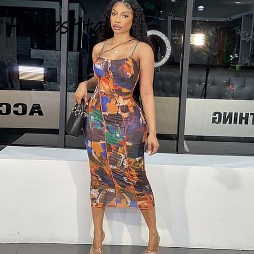 Hotvestita Sexy Multicolor Print Slip Dress Patchwork Backless Bodycon 2021 Fashion Summer Women Elegant Party Club Maxi Dresses