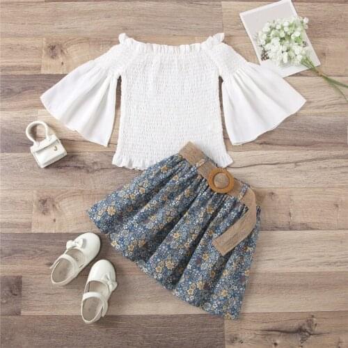 Baby Girls Clothes Set Flare Sleeve Off Shoulder Tops+Flower Print Tutu Skirt Toddler Kids Summer Outfits 1-6 Year Children Suit