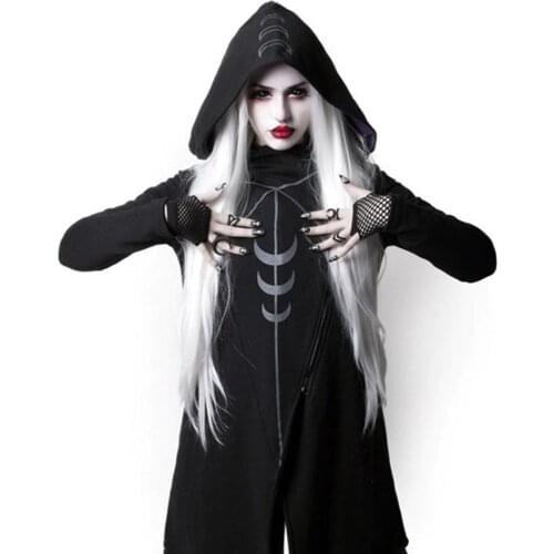 Rosetic Women Harajuku Goth Hoodie Sweatshirt Hooded Plus Size Autumn Asymmetrical Pullover Japanese Punk Moon Print Hip Pop