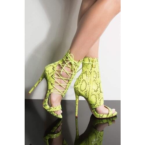 Moraima Snc Open Toe Lace-up Woman Sandal Summer Sexy Green Snakeskin Leather Gladaitor Shoes Thin Heels Party Dress Heels