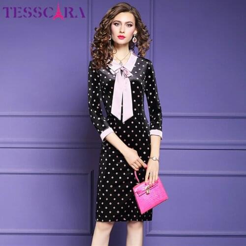 TESSCARA Autumn Women Elegant Dot Velvet Dress Female Bow Designer Office Lady Pencil Robe Femme Ladies Party Vestidos Plus Size