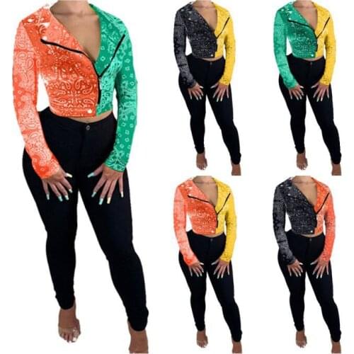 FNOCE Autumn and Winter womens coat Fashion Printed contrast long-sleeved Turn-down Collar front zip sexy jacket short coat