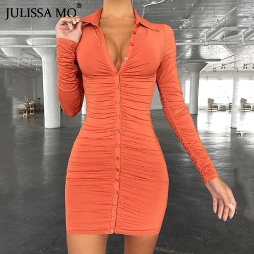 JULISSA MO Long Sleeve Ruched Mini Dresses Autumn Summer Women Y2K Single-breasted Bodycon Dress Ladies Sexy Party Wear Vestidos
