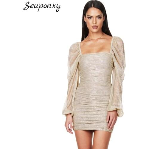 High Quality 2021 Summer Fashion WomenS Bodycon Dress Sexy Square Neck Long Sleeve Pleated Celebrity Party Dress Vestidos