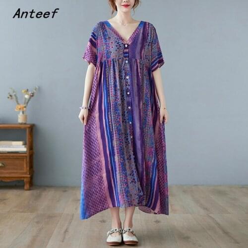 Short sleeve cotton vintage floral dresses for women casual loose long woman summer shirt dress elegant clothes 2021