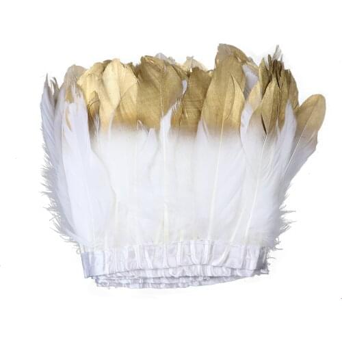 1yard White Dipped Gold Goose Feathers Trim Fringe about 6-8” 50pcs Geese Plumes Ribbon for Home Party Craft Dresses Decoration