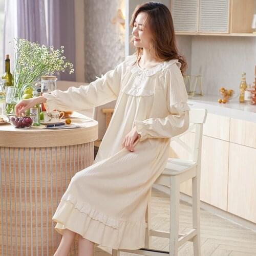 2021 Autumn Lace Princess Night Dress Women Nightgown Plus Size 3XL Sleepshirts Long-sleeves Nightie Nightdress Cotton Sleepwear