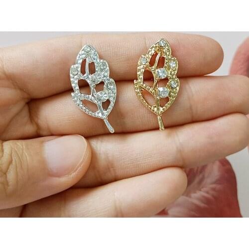 50pc 14*27mm Gold color Alloy Material Crystal Hollow Leaf Charm Leaf Branch charm For DIY Hair Wedding Handmade Jewelry Making