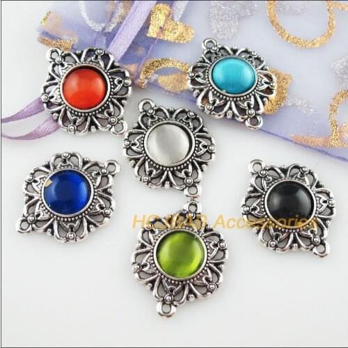 6Pcs Tibetan Silver Color Flower Mixed CatEye Stone Charms Pendant Connectors 21x28mm