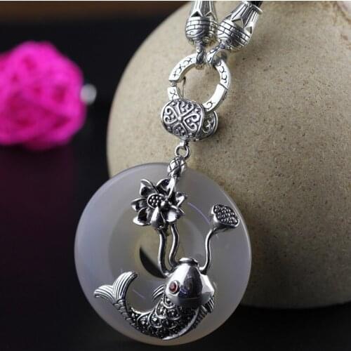 925 sterling silver jewelry handmade inlaid white chalcedony carp water female models retro pendant