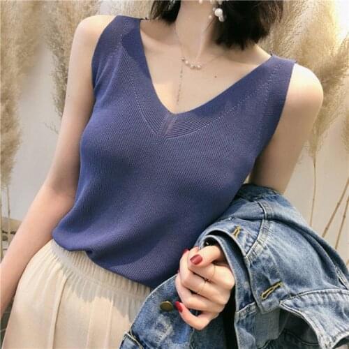 Basic knitted vests Women Tops V-neck Solid sleeveless Tank Female casual summer 2020 knit shirt Woman Pink Black Korea Femme