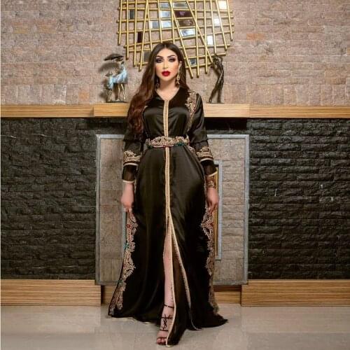 Black Moroccan Caftan Evening Dress Split A-Line Floor Length Summer Dress With Applique Vestidos De Gala Custom Made Plus Size